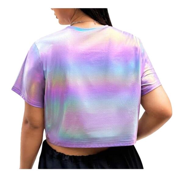 Shein Women's Large Multicolor Pu Coat Holographic Round Neck Short Sleeve Tee - Picture 2 of 5